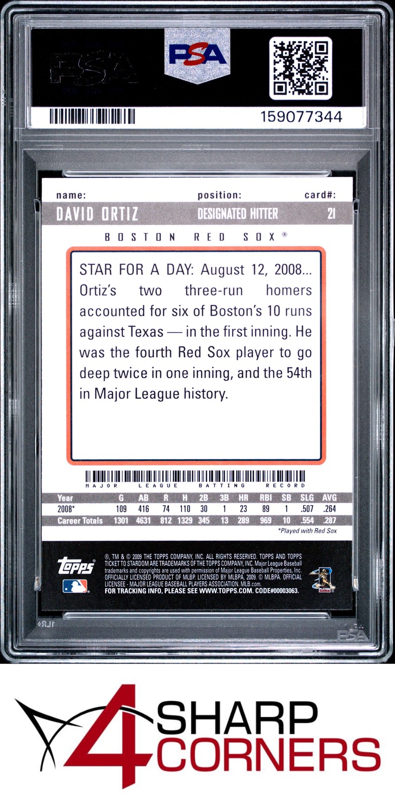 2009 TOPPS TICKET TO STARDOM #21 DAVID ORTIZ HOF POP 2 PSA 10 view 2