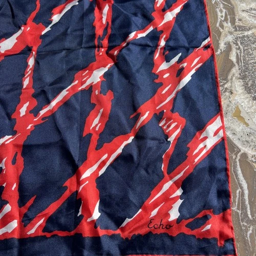 Vintage Geometrical Echo 100% Silk Scarf 34x14” Japan Blue Red White MCM
