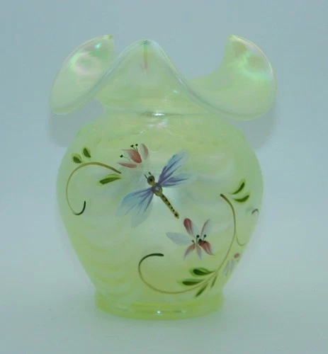 Fenton Lily Trail on Topaz Opalescent Satin 4" beaded vase Yellow Uranium GLOWS