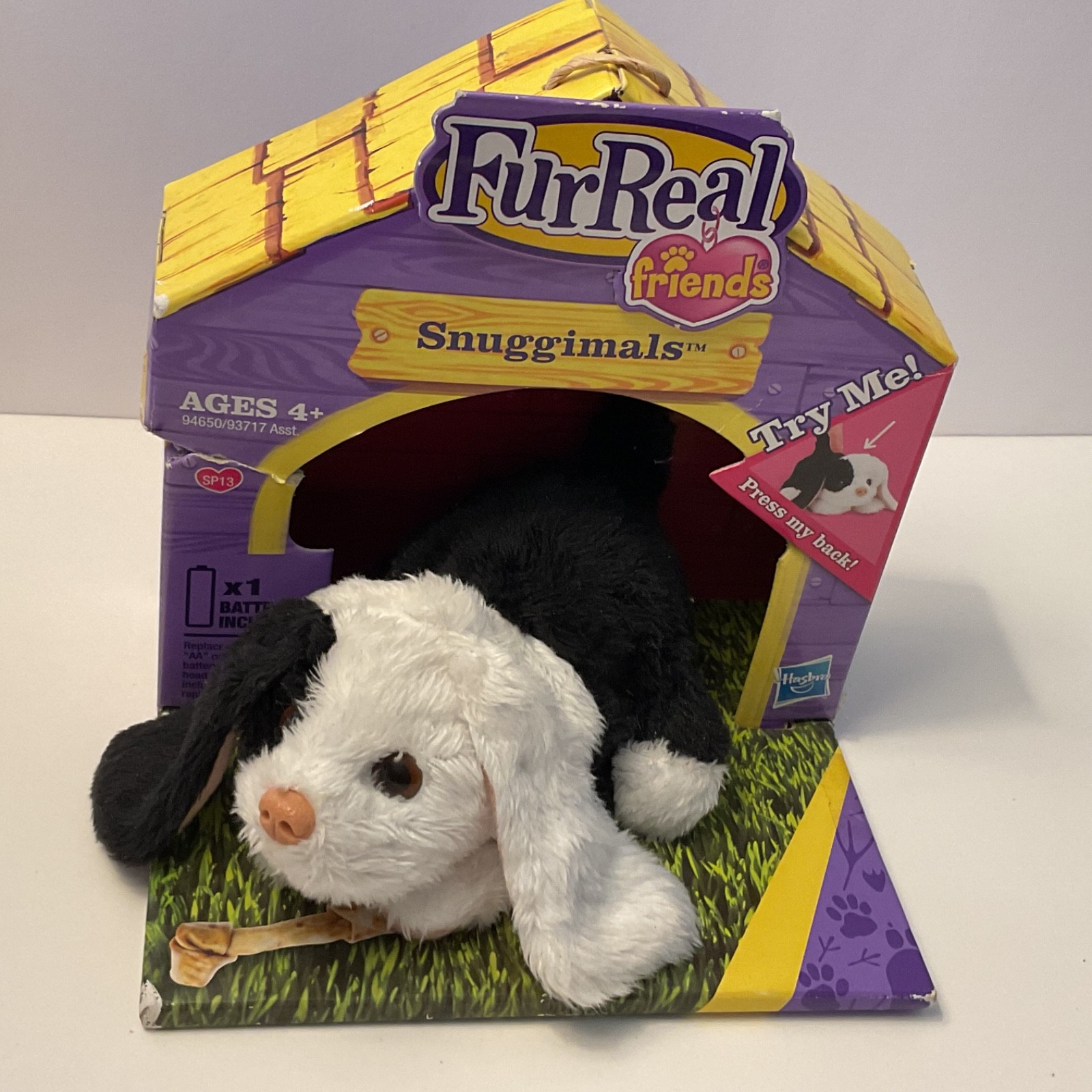 NEW Snuggimals Puppy Plush FurReal Friends Hasbro 2009 Black & White New Working