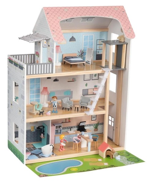 Playtive Puppenhaus Set Holz 3 Etagen Mit Balkon Und Klingel Inkl. 2 Biegepuppen-image