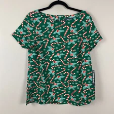 ModCloth Delightful Demeanor Short Sleeve Blouse Size Large Green Christmas