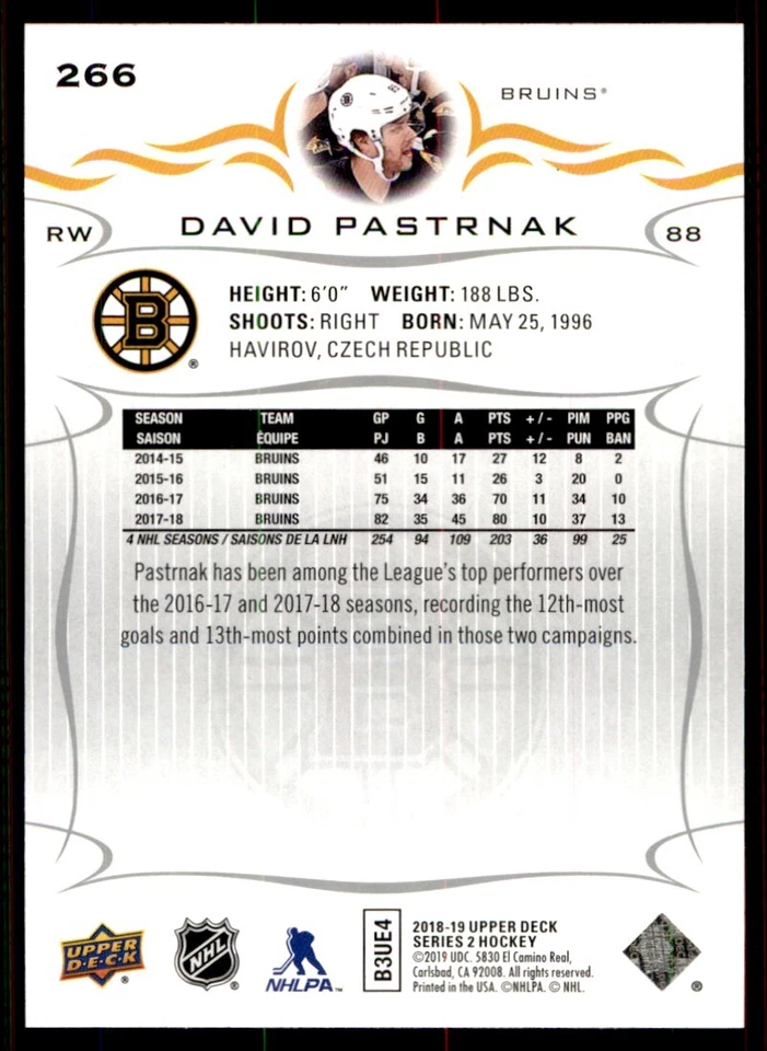 2018-19 Upper Deck David Pastrnak Boston Bruins #266 - Image 2 of 2