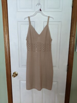 No Comment Knit Tank Strap Dress Moonlight Beige Acrylic Vbust Knee Length M NWT