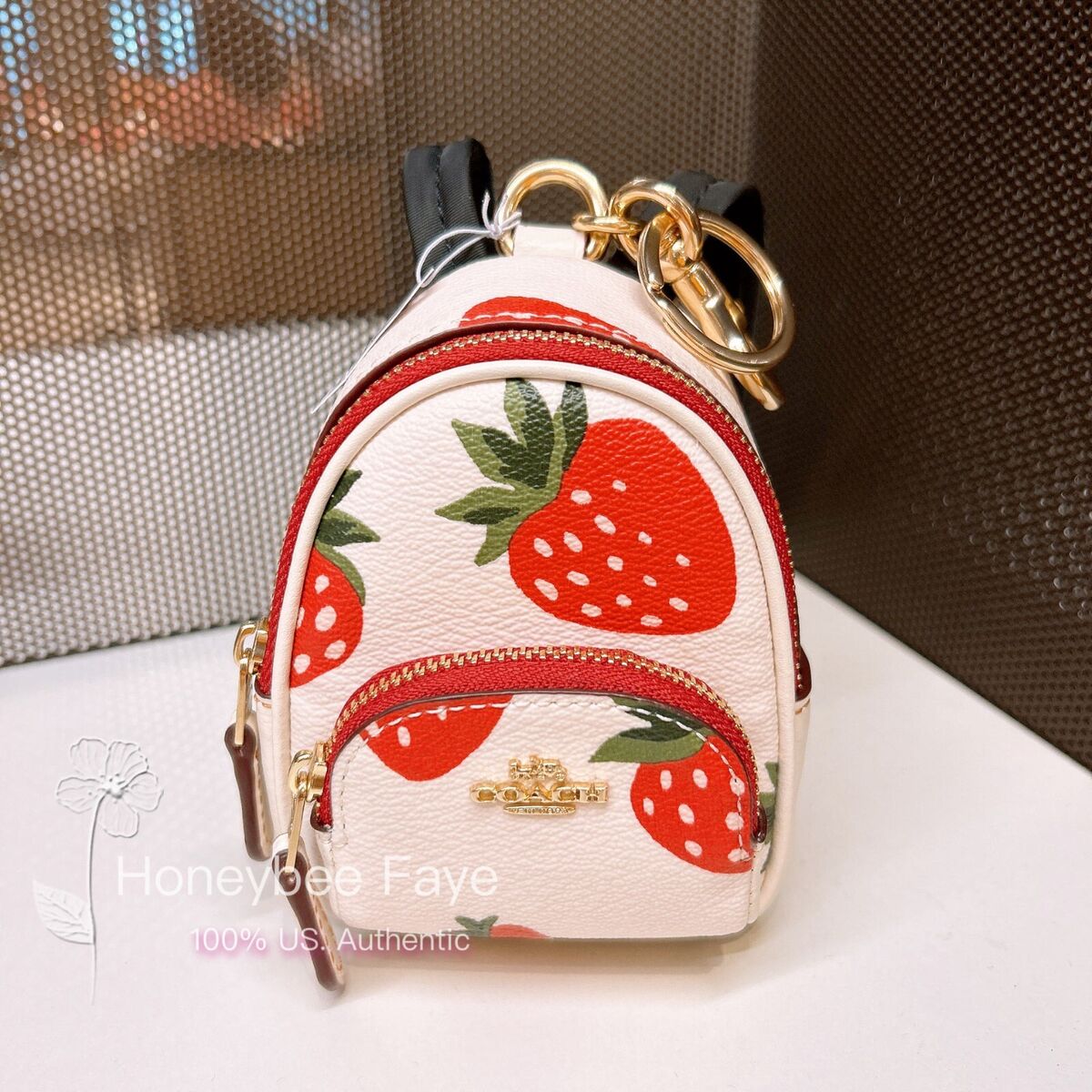 NWT Coach Mini Court Backpack Bag Charm With Wild Strawberry Print