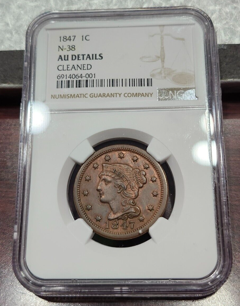 1847 Braided Hair Cent - N-38 Variety - AU Details - NGC - Great