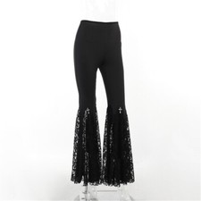 Fashionable Lace Accented Flared Pants Women Gothic Black High Waist Trousers