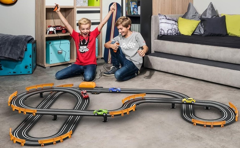 1:64 Scale Electric Slot Car Racing Set with 18ft Track & 4 Cars – Ages 6-12
