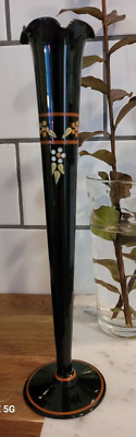 Vintage Glass Black Amethyst Art Deco Vase Enameled Hand Painted Flowers