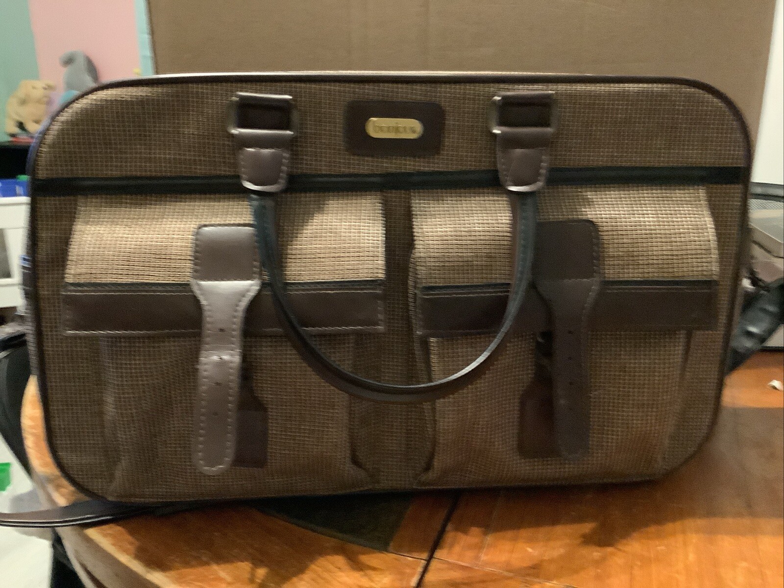 Vintage BONJOUR Brown Tweed & Leather 2 Section Carry On W\Strap
