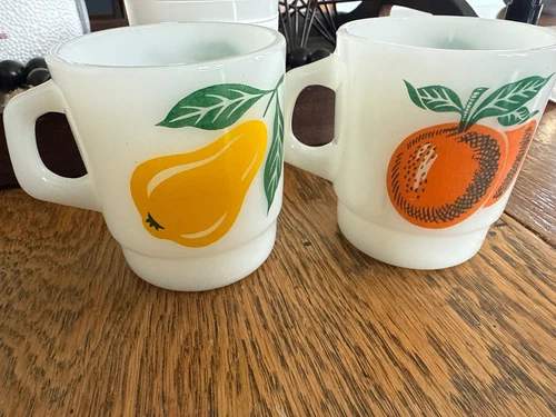 Lot of 3 Vintage Milk Glass Stacking Mug Termocrisa Orange Pear Fruit Coffee Cup