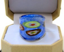 Unique Boho Blue abstract art Flower Hand Blown Glass Bling Ring size 9.25