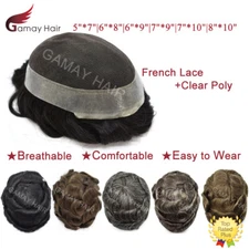 US Mens Toupee French Lace Hairpiece Poly Pu Skin Around Hair System Replacement