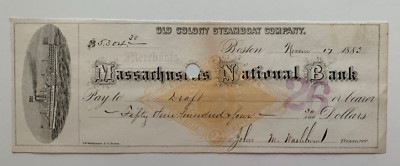 1883 Old Colony Steamboat Co Check Boston MA Mass National Bank Ship vignette