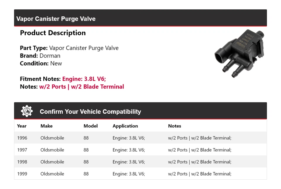 Válvula de purga para 1996-1999 Oldsmobile 88 3.8L V6 Dorman vapor vasilha 1997 1998 - Imagem 2 de 4