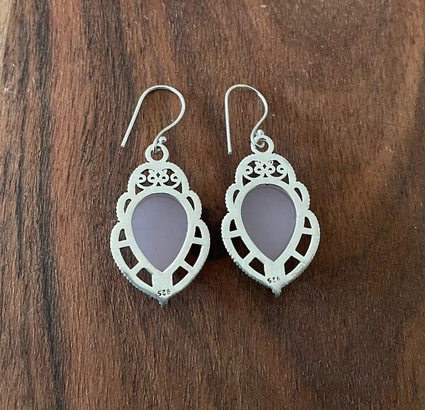 Pendientes de cristal de piedras preciosas artesanales de calcedonia rosa - enchapados en plata - nuevos Foto 3 de 3