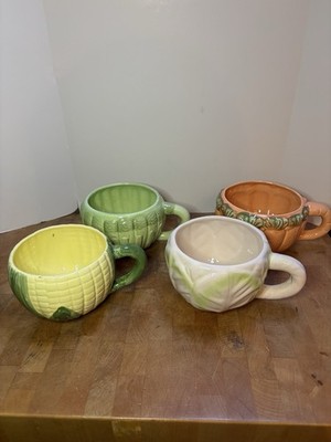 4 VINTAGE Majolica Ceramic Corn Carrots Asparagus Cabbage Vegetable SOUP MUGS