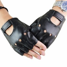 Mens Motorcycle Fingerless Leather Half Finger Driving Biker Black Gloves