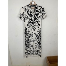 Zara Womens Floral Midi Shirt Dress White Black Button Front Short Sleeve XS