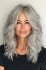 Human Hair New Fashion Layered Long Natural Silver Gray Wavy Wigs 14in