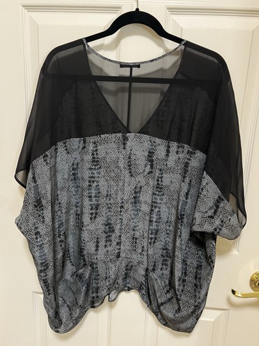 Eileen Fisher Damen XXL Seide Krepp Chine SS Top V-Ausschnitt Grau Muster Biesen - Bild 8 von 12