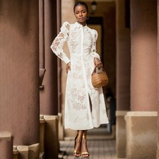 Retro Women's Lapel Collar Long Lantern Sleeved Midi Embroidery Hollow Out Dress