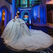Vintage Blue Quinceanera Dress Ball Gown Shiny Lace Applique Beading Bow Sweet16