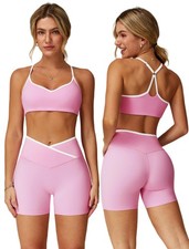 Workout Sets for Women 2 Piece Color Block Strappy Sports Bra Crossover High ...