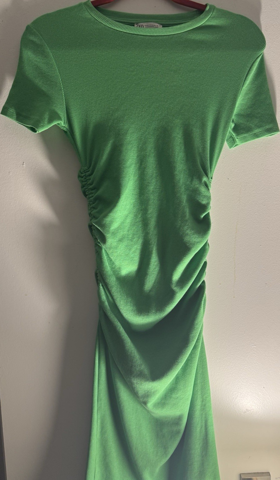 Zara womens green ribbed pencil midi dress ruched accents crew neck size M