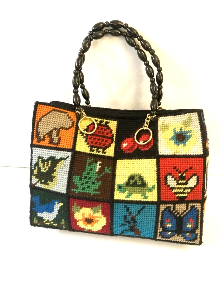 Vintage Columbia Minerva Needlepoint Tote Bag Bob Miller Ecology Insects - Image 2 of 4