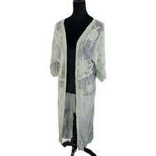 POL Floral Embroidered Duster Open Cardigan Kimono Coverup Sage Green M/L