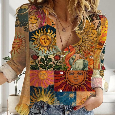Boho Folk Art Sun Print Blouse Vintage Psychedelic Cottagecore Casual Chic Top