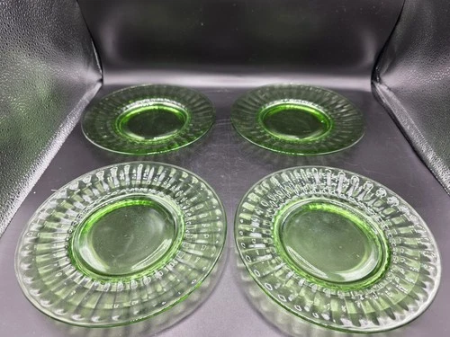 Vintage Green Ribbed Footed Salad Plates Depression Glass Set Of 4