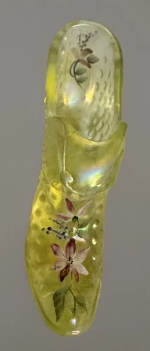 Fenton Glass “ Signed”Vaseline Irridized  hobnail shoe/slipper Uranium Glass