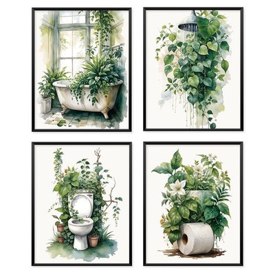Green Botanical Bathroom Wall Art Decor, Rustic Cottagecore Plant Prints Post...