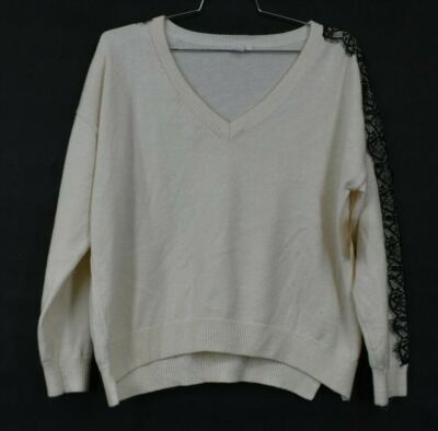 14th & Union Womens Ivory Pristine Lace Trim V-Neck Pullover Sweater Knit XL