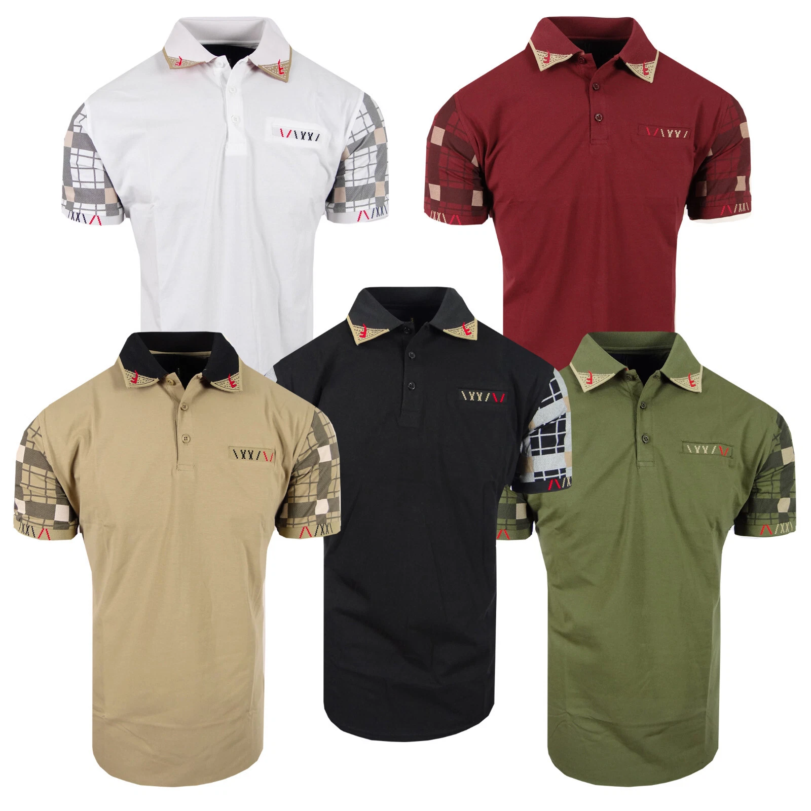 Mens Polo Shirt Luxury Italian Stripe Trim Plaid Sleeves Slim Fit Golf Stretch