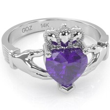 Claddagh Amethyst Ring In Solid 14k White Gold