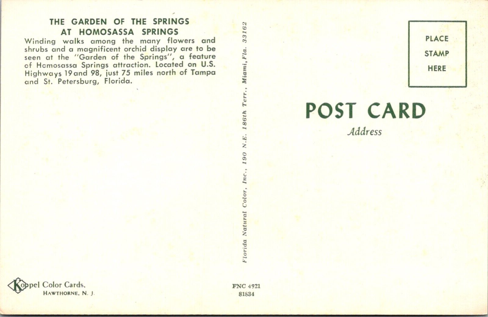 Postcard Tampa, FL Homosassa Springs The Garden Flowers, Roadside