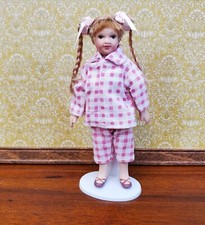 Dollhouse Girl Doll Braids Porcelain Pink & White Checked Outfit 1:12 Scale