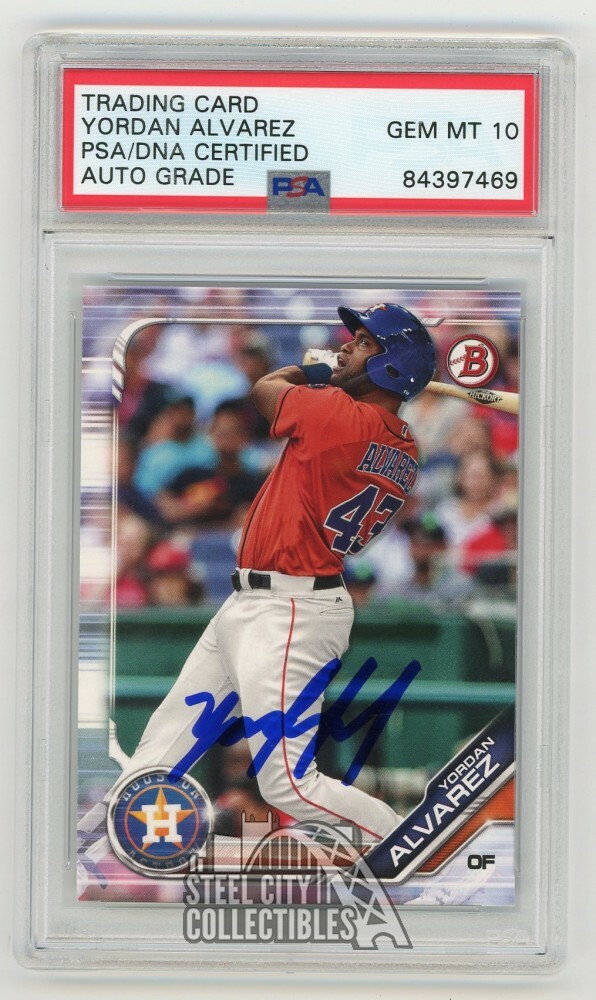 Yordan Alvarez 2019 Bowman Prospects Autographed Card #BP123 - PSA/DNA 10 view 1