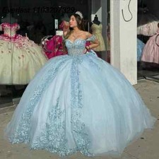 Blue Quinceanera Dress Ball Gown Sequins Lace Applique Beading Bow Sweet 16