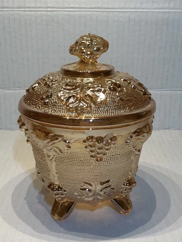 Vintage Jeanette Carnival Glass Peach Luster Iridescent  Footed Candy Dish Lid