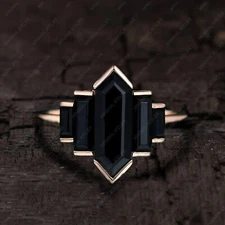 Hexagon Black Spinel Ring, 925 Sterling Silver Gold Plated Gift For Engagement  