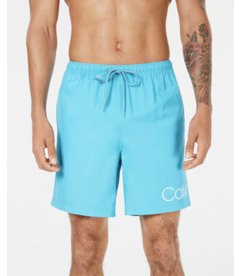 Calvin Klein 7  Logo Volley Swim Trunks, Atlantis Blue, Men s Size Medium