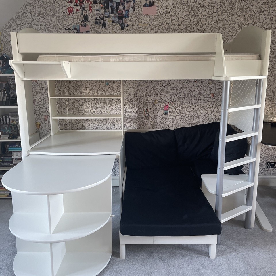 Stompa High Sleeper With Built In Desk And Shelves Guest Bed And Chair