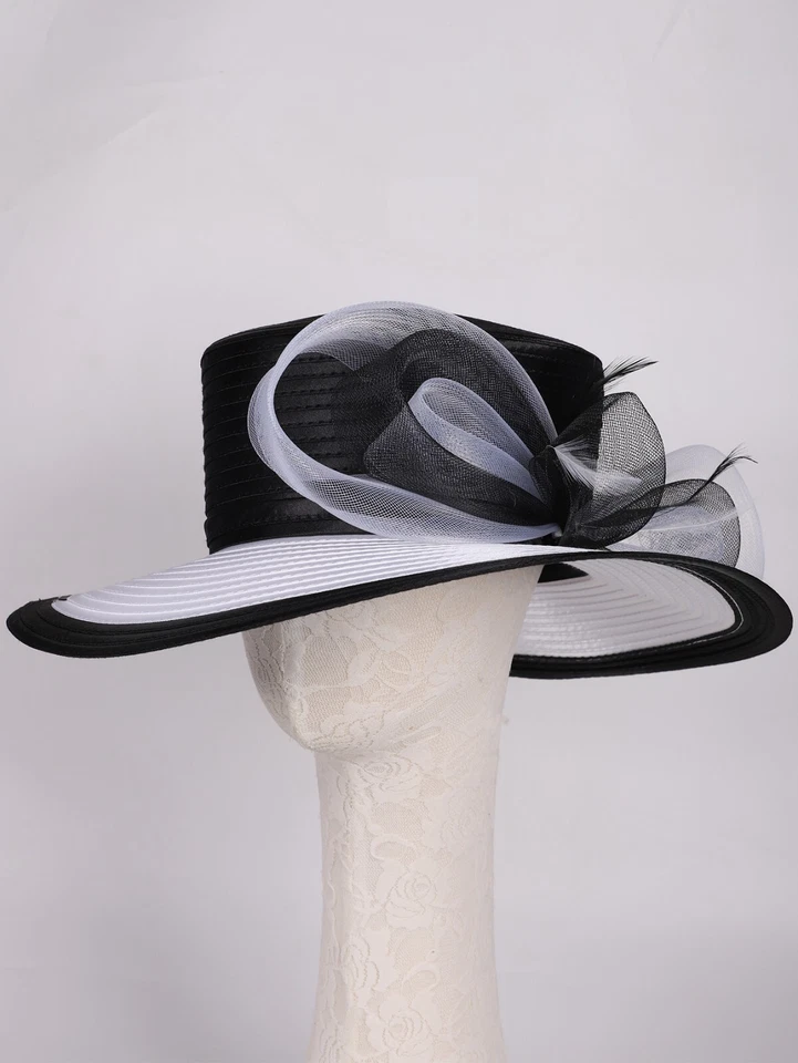 Chapéus fedora de boliche tira de pano para festa chá igreja aba larga chapéu com parte superior plana - Imagem 3 de 4