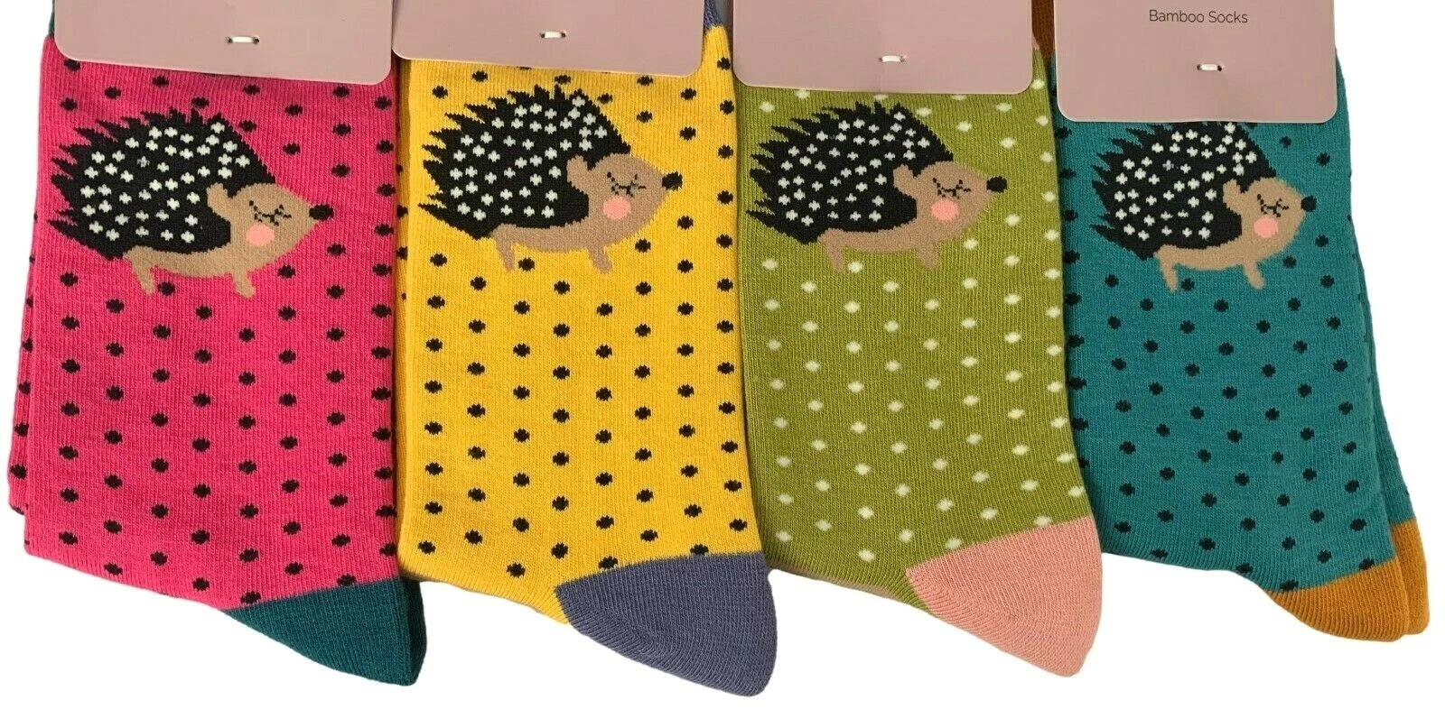 Hedgehog Socks Ladies 4 Pair Pack Hedgehogs Yellow Pink Blue Green Bamboo Cotton