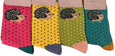 Hedgehog Socks Ladies 4 Pair Pack Hedgehogs Yellow Pink Blue Green Bamboo Cotton