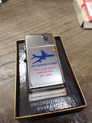 Vtg 1967 Zippo Slim Jet Avion Corp Polished Chrome Cigarette Lighter Papers  Box!